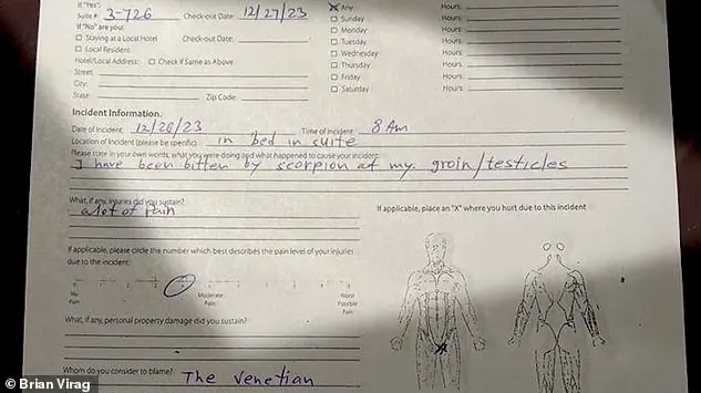 Farchi recalled total indifference from the staff on the day of the attack. 'The [Venetian] Palazzo didn't even apologize for what happened when I met with the hotel manager,' he said. 'No apologies. No nothing.' Above, an photo of Farchi's incident report on the scorpion attack