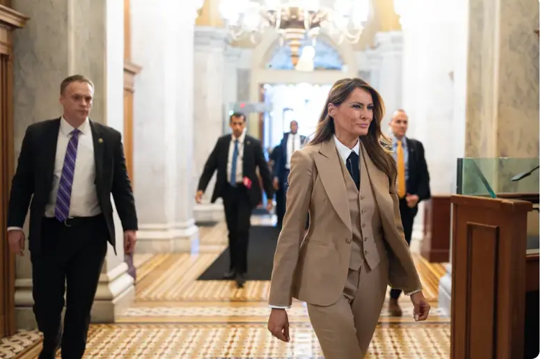 Melania Trump Makes A Rare Solo Appearance in 3-Piece 'Tan' Suit, Sparking Discussions