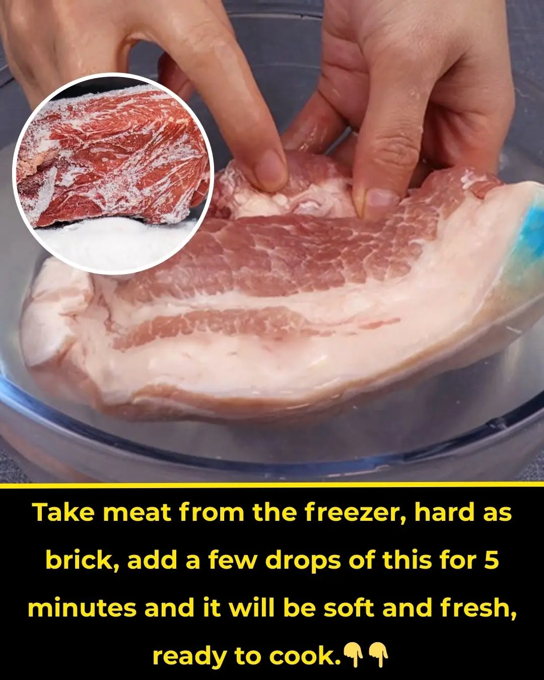 Take meat from the freezer, it's hard as a brick, add a few drops of this for 5 minutes and it will be soft and fresh, ready to cook.