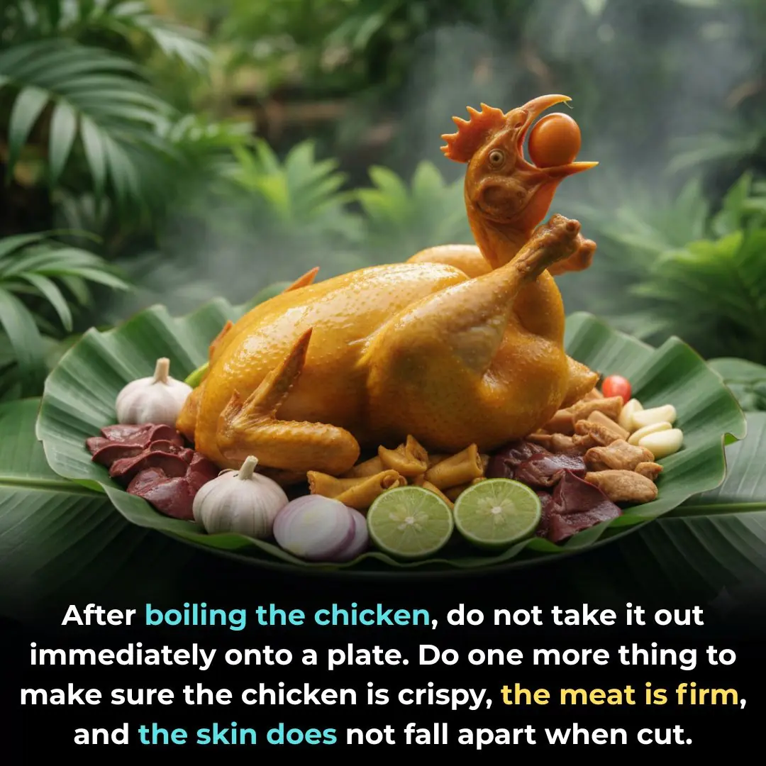 After boiling the chicken, do not take it out immediately onto a plate. Do one more thing to make sure the chicken is crispy, the meat is firm, and the skin does not fall apart when cut.