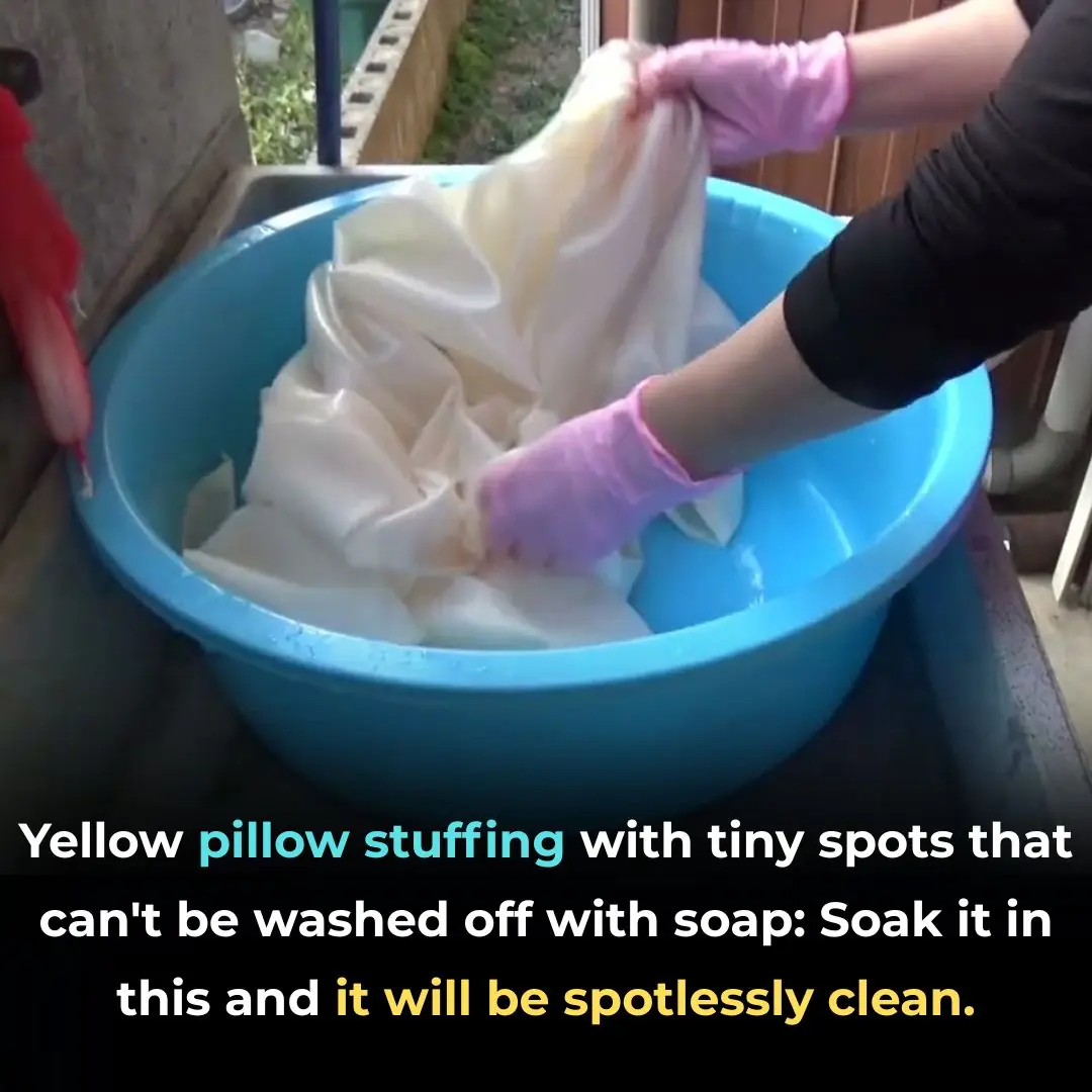 Yellow pillow stuffing with tiny spots that can't be washed off with soap: Soak it in this and it will be spotlessly clean.