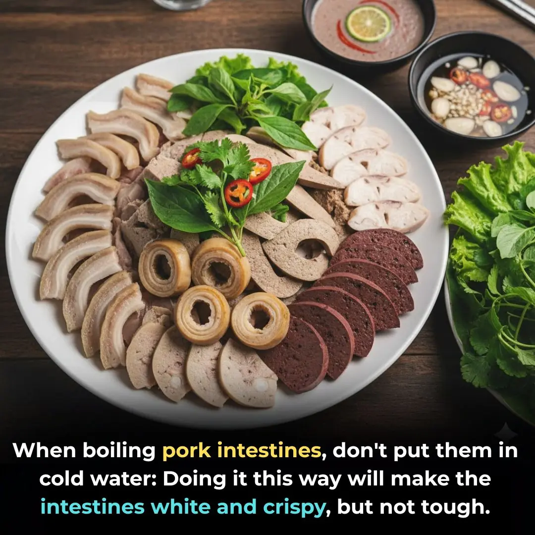 When boiling pork intestines, don't put them in cold water: Doing it this way will make the intestines white and crispy, but not tough.