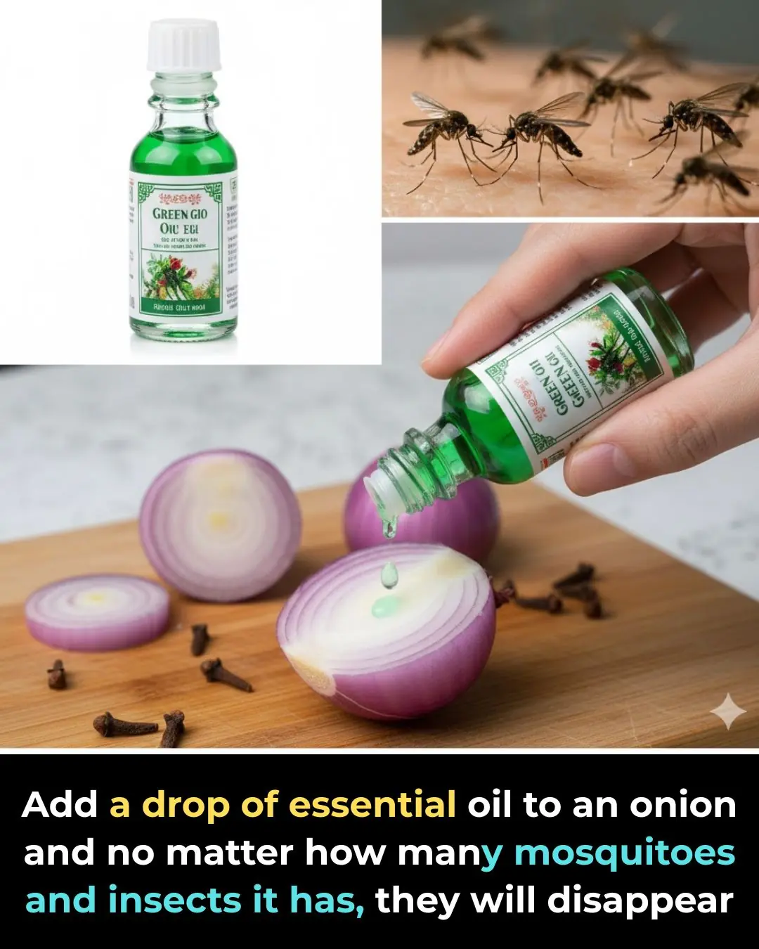Add a drop of essential oil to an onion and no matter how many mosquitoes and insects it has, they will disappear