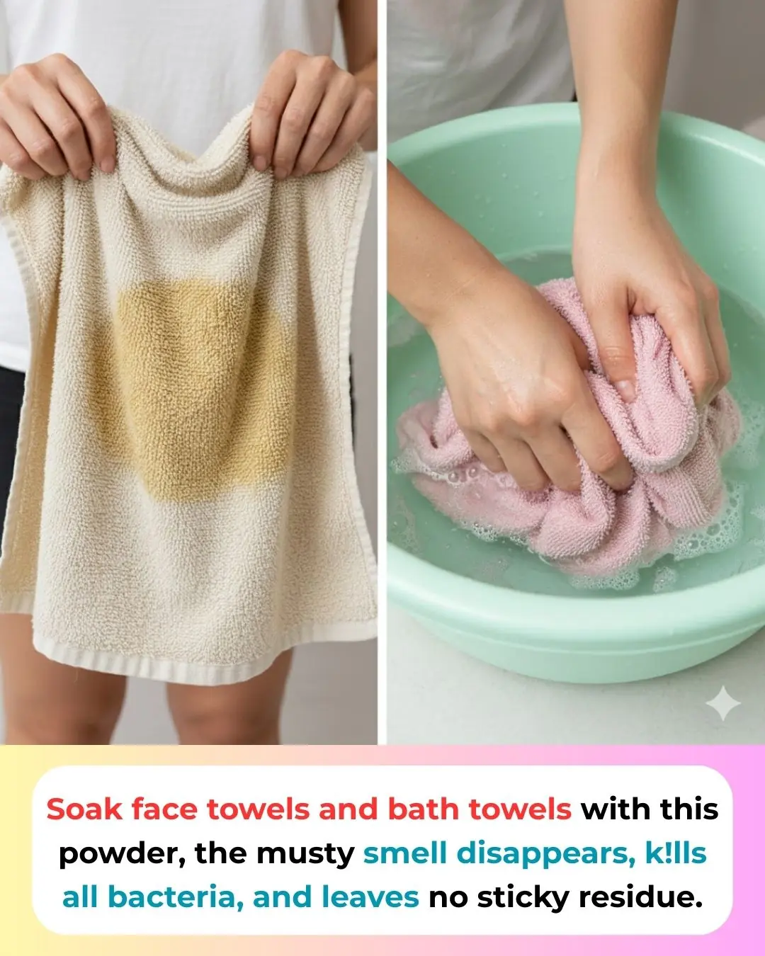 Soak face towels and bath towels with this powder, the musty smell disappears, kills all bacteria, and leaves no sticky residue.