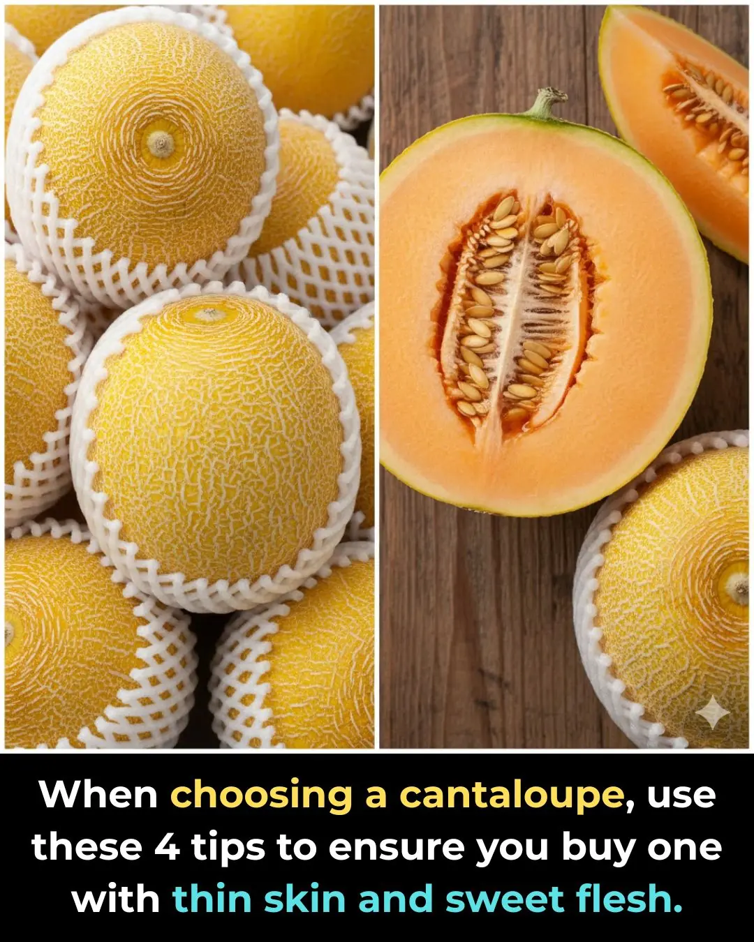 When choosing a cantaloupe, use these 4 tips to ensure you buy one with thin skin and sweet flesh.
