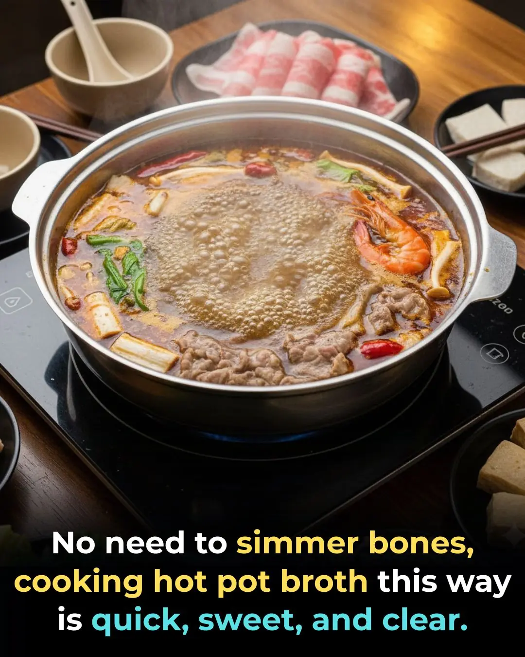 No need to simmer bones, cooking hot pot broth this way is quick, sweet, and clear.