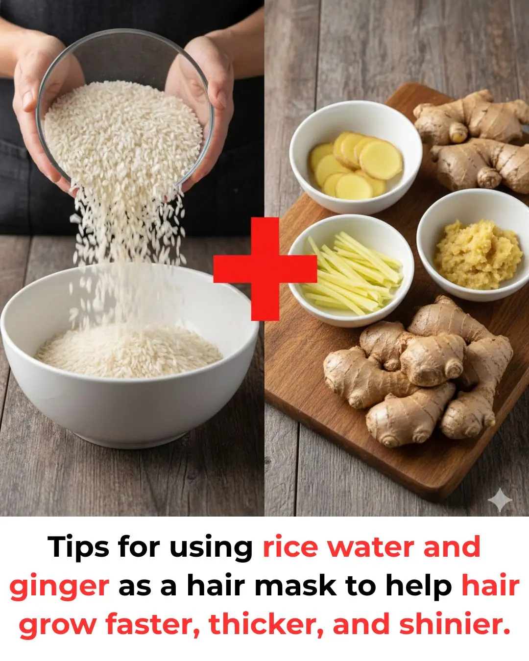 Tips for using rice water and ginger as a hair mask to help hair grow faster, thicker, and shinier.