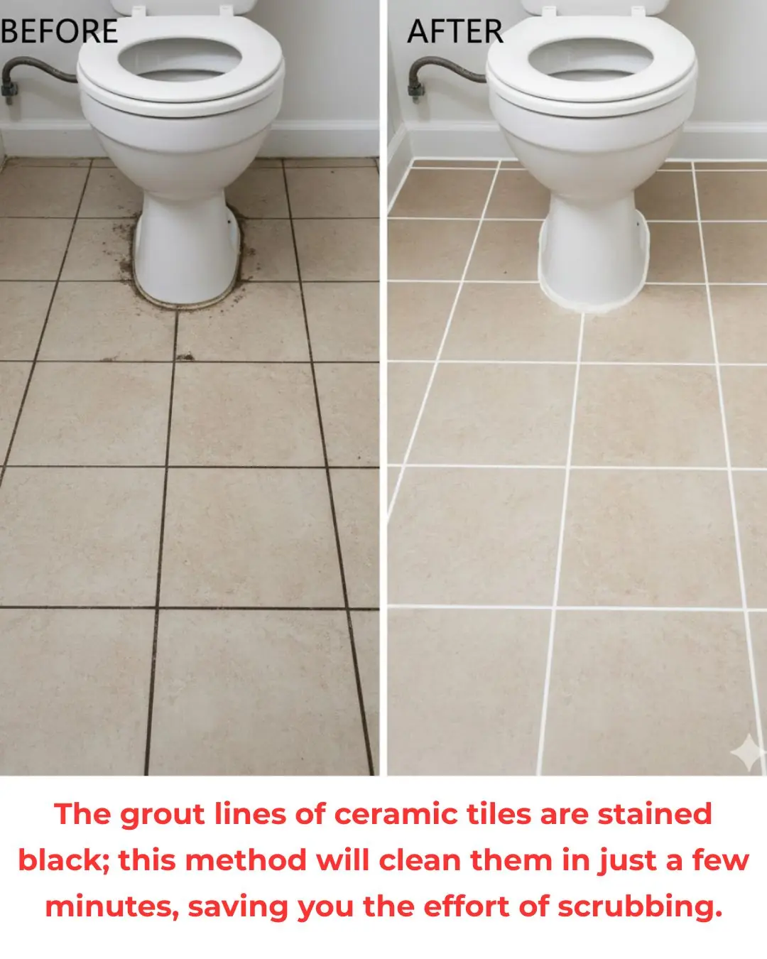 The grout lines of ceramic tiles are stained black; this method will clean them in just a few minutes, saving you the effort of scrubbing.