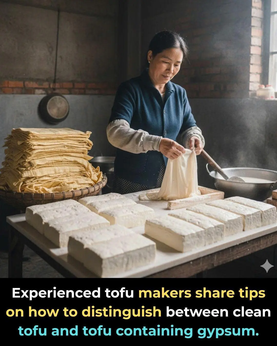Experienced tofu makers share tips on how to distinguish between clean tofu and tofu containing gypsum.