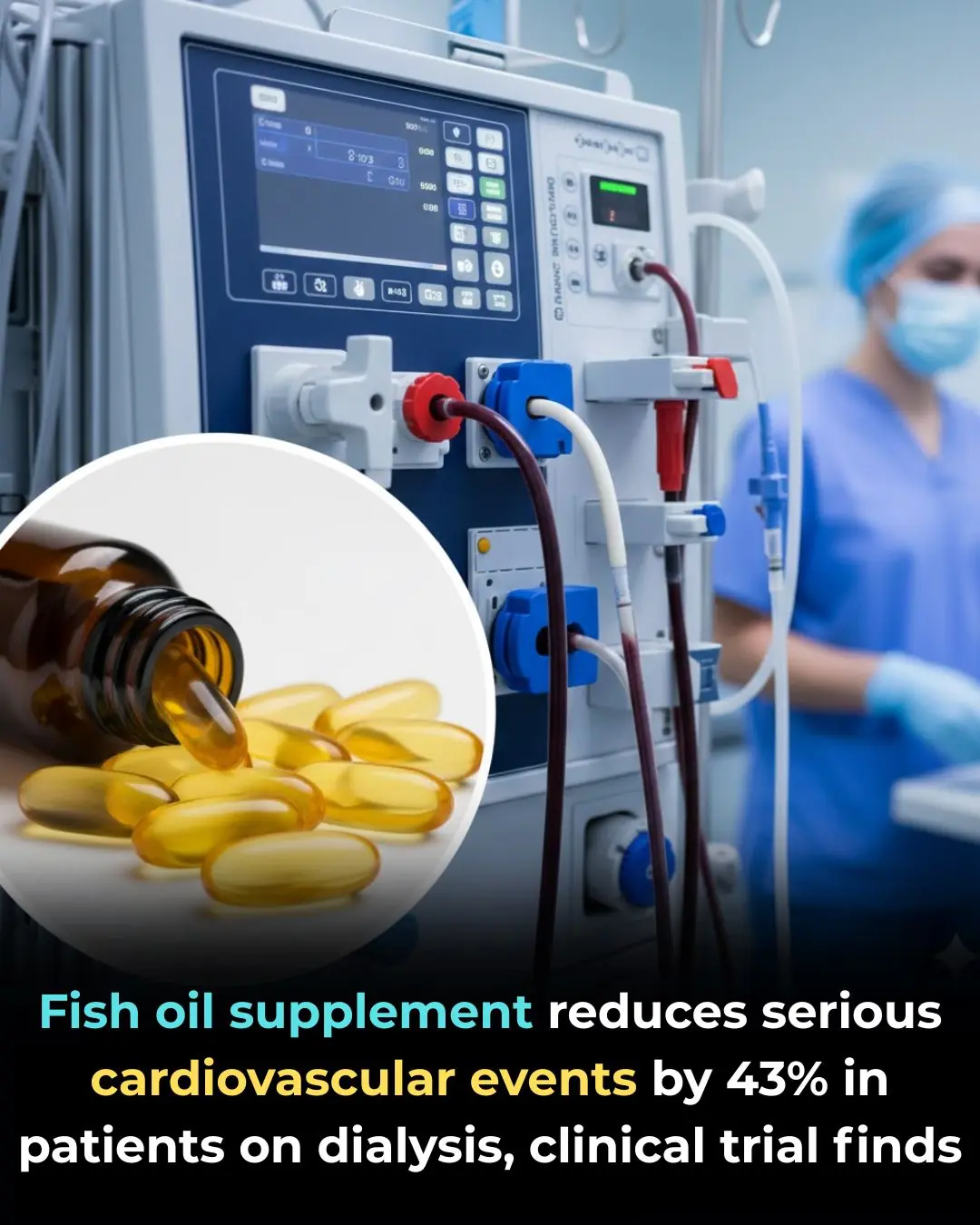 Fish oil supplement reduces serious cardiovascular events by 43% in patients on dialysis, clinical trial finds.