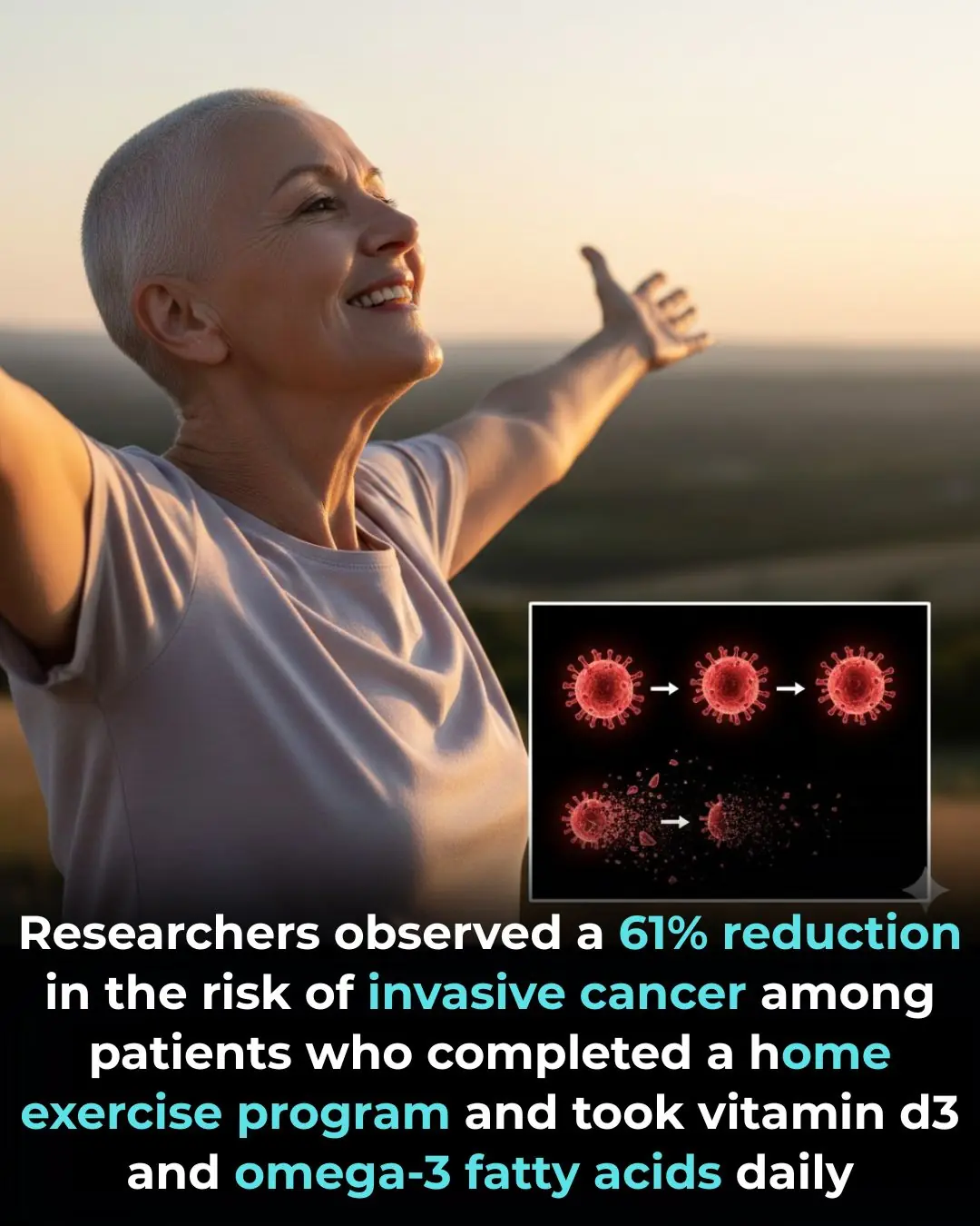 Researchers observed a 61% reduction in the risk of invasive cancer among patients who completed a home exercise program and took vitamin D3 and omega-3 fatty acids daily.
