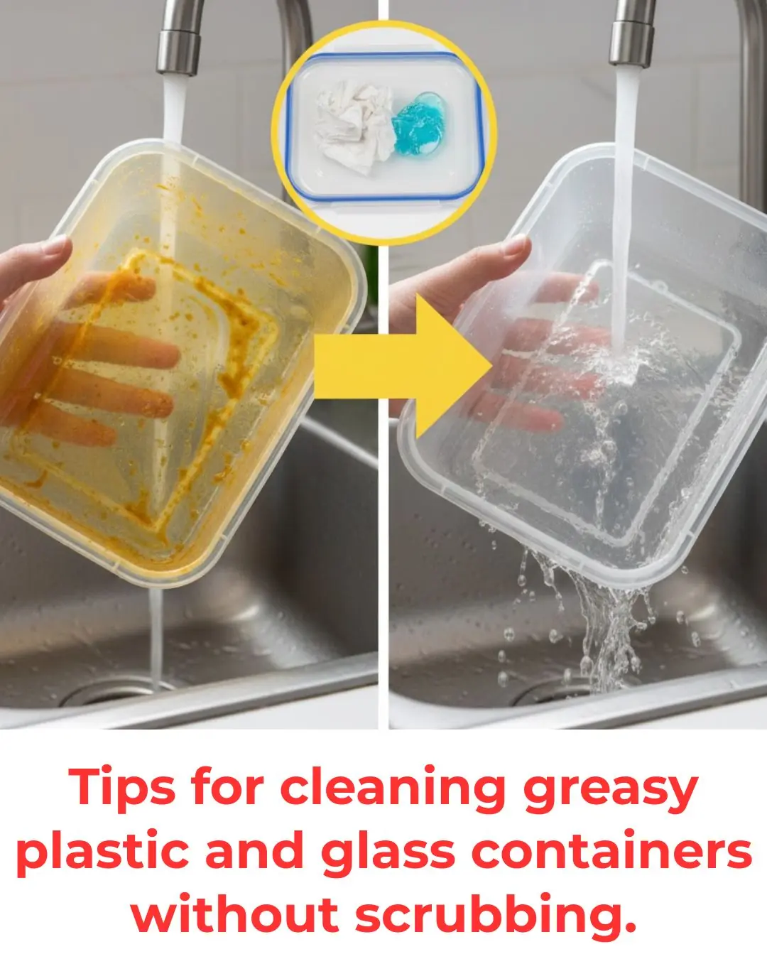 Tips for cleaning greasy plastic and glass containers without scrubbing.