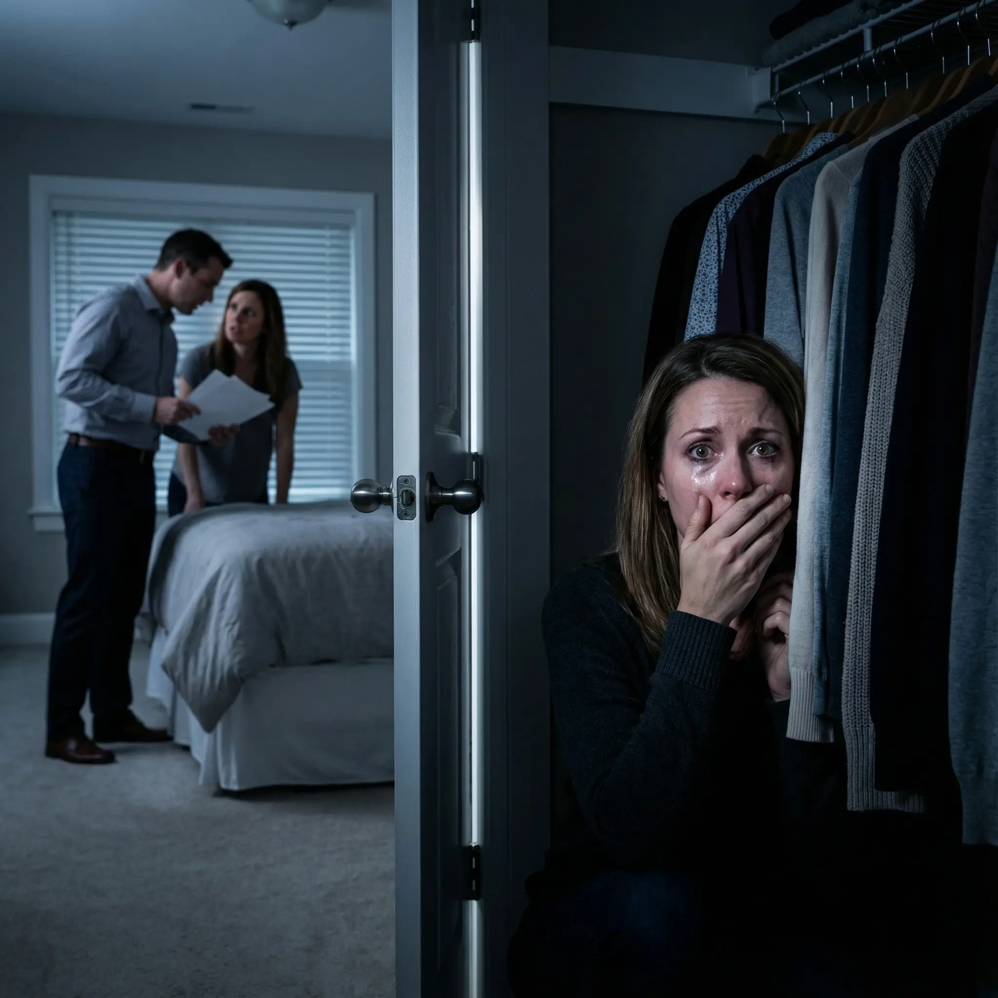 I heard voices in our bedroom and hid in the closet. My husband walked in with her, holding papers. She whispered, ‘What’s your plan?’ He laughed, ‘2 million when she dies. Accident on the stairs. I’ve already made her…