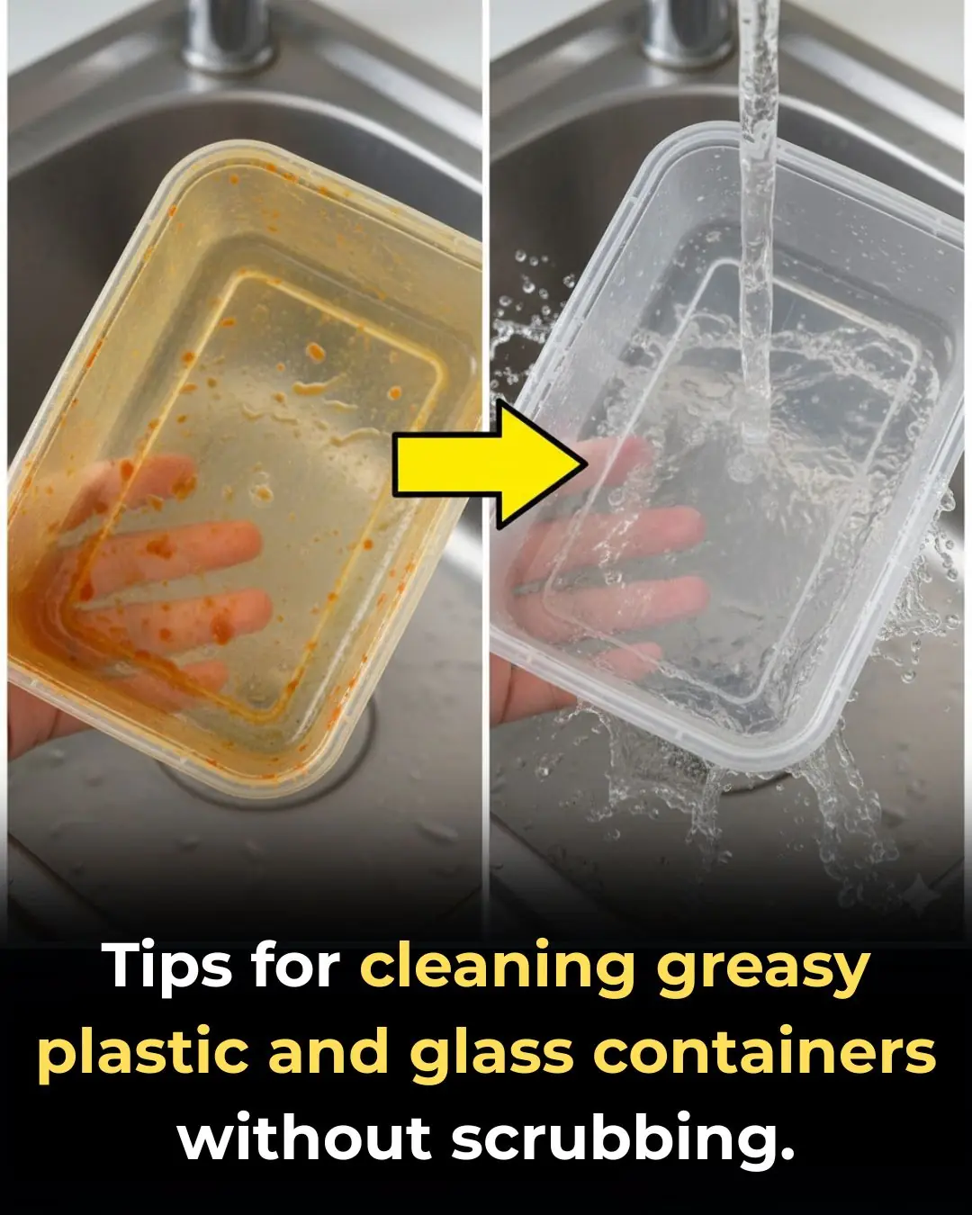 Tips for cleaning plastic containers and glass containers full of grease, without scrubbing