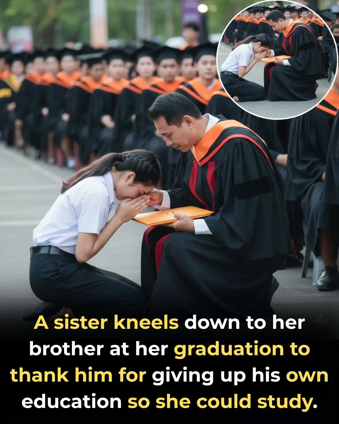 Graduate Kneels to Thank Brother Who Gave Up School for Her