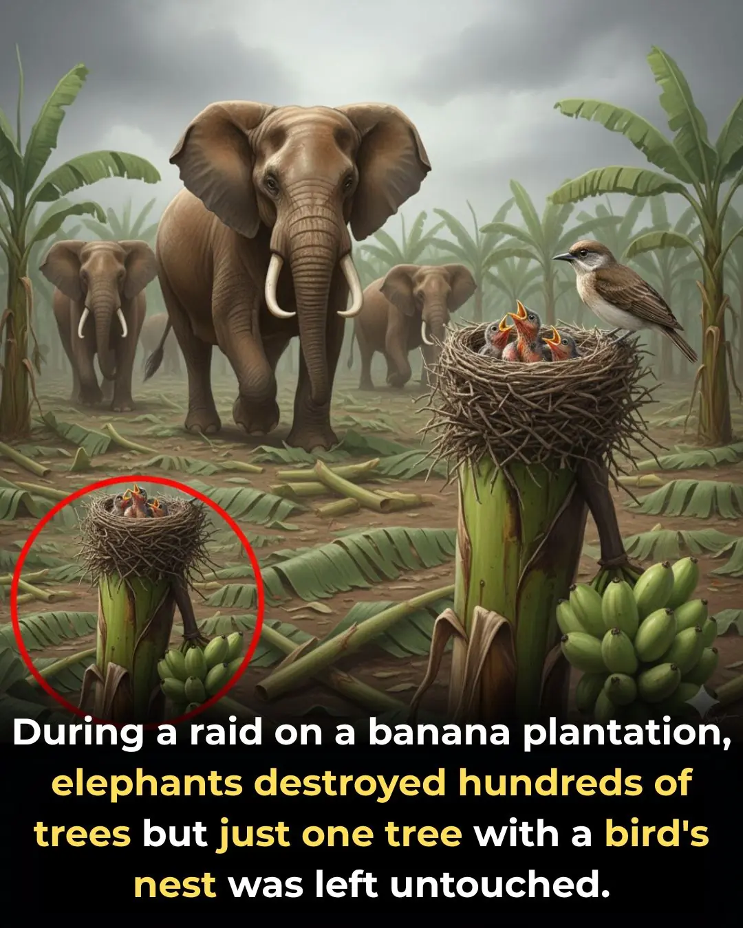 Elephants Spare a Banana Tree with a Bird’s Nest Amid Widespread Destruction