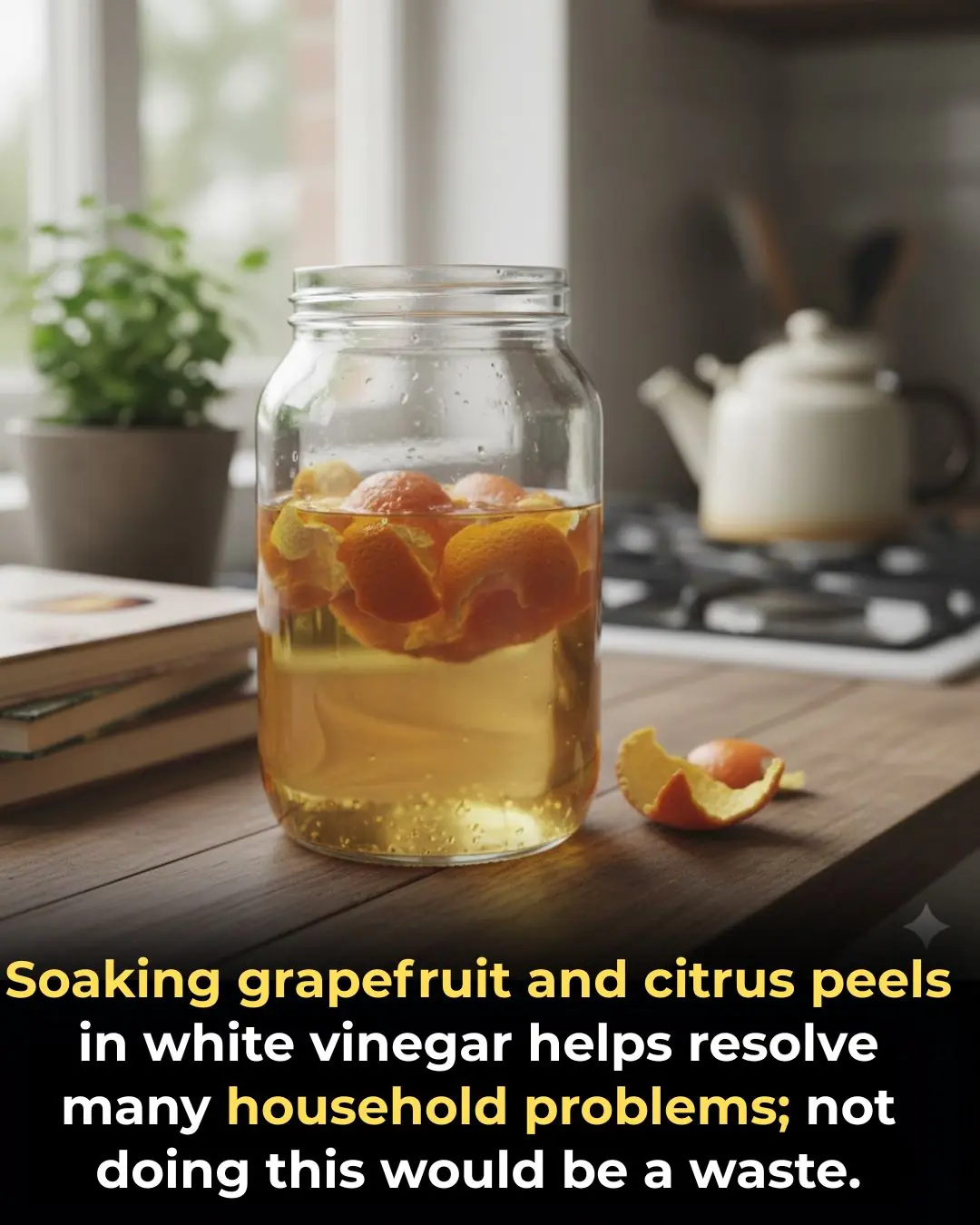 Soaking grapefruit and citrus peels in white vinegar helps resolve many household problems; not doing this would be a waste.