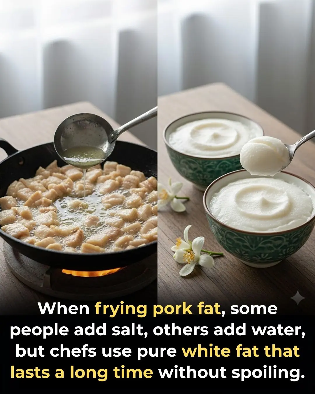 When frying pork fat, some people add salt, others add water, but chefs use pure white fat that lasts a long time without spoiling.