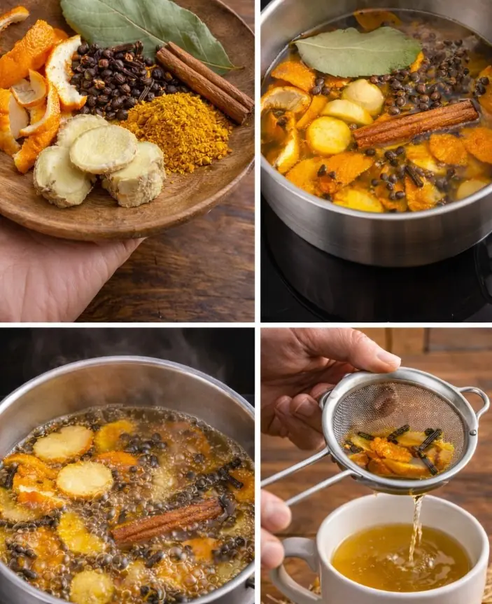 Bay leaf Turmeric Cloves Cinnamon Ginger Orange peel Boil for 15 minutes