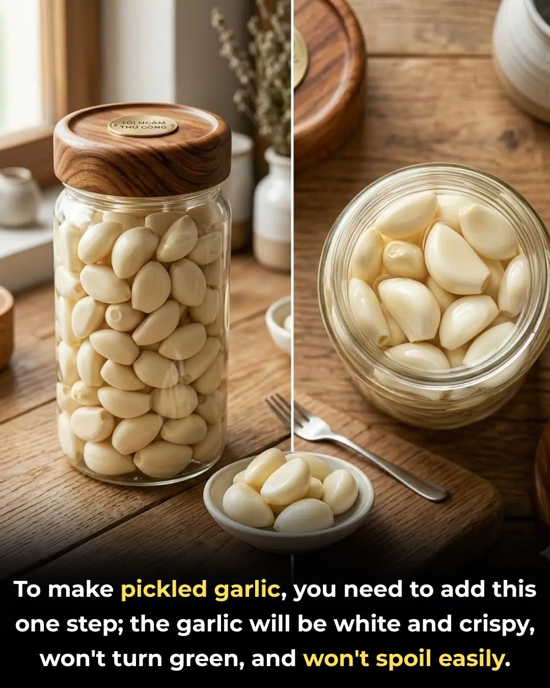When making pickled garlic, you need to add this extra step — the garlic stays white and crunchy,