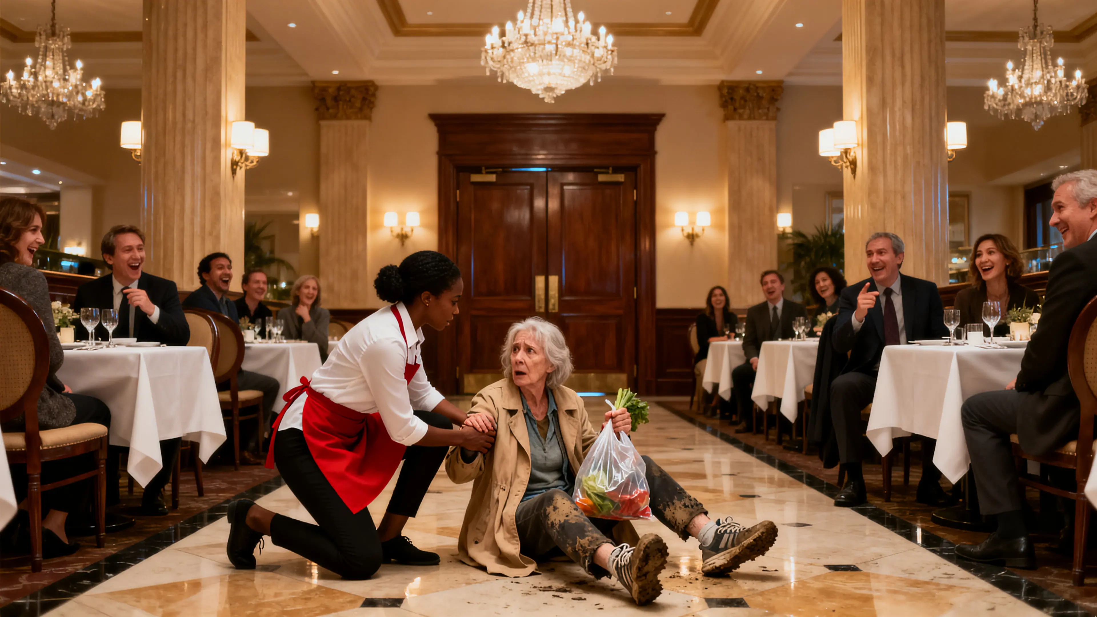 Everyone Laughed Waitress Helping Fallen Old Woman—Until They Learned She Was Billionaire’s Mother