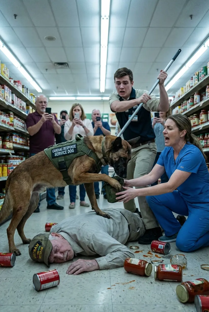 The store manager roughly kicked aside a battle-worn service dog as its veteran handler collapsed—unaware that the loyal animal wasn’t causing trouble, but urgently trying to save the very life slipping away before them.