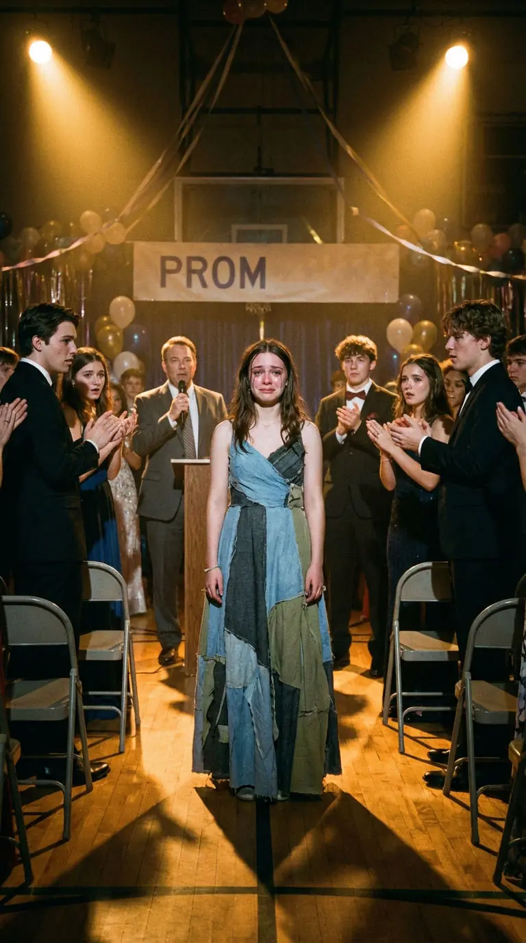 I stitched my prom dress from my late father’s old shirts to honor his memory. My classmates laughed and mocked me—until the principal took the microphone, spoke up for me, and suddenly the entire room fell silent.