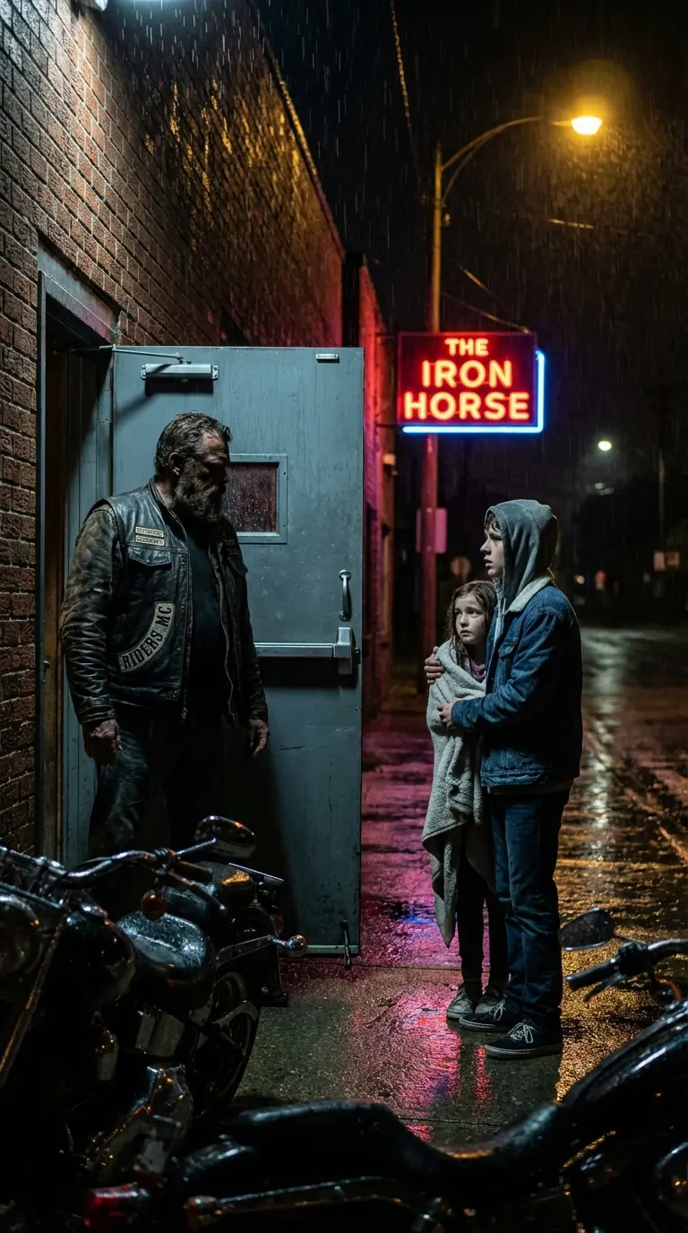 “I just need her safe for tonight,” a trembling teenager pleaded at midnight, clutching a terrified girl outside a feared biker clubhouse—unaware that the decision to open that door would spark a violent conflict and alter their brotherhood forever.