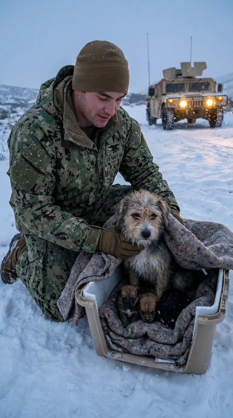 A mother dog and her four newborn puppies were left helpless in the freezing winter—until a Navy SEAL stepped in, and his unexpected act of compassion transformed their fate in ways no one could have imagined.