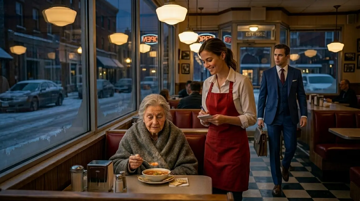A Waitress Helped An Old Woman During The Snowstorm — Then Her Son Walked In