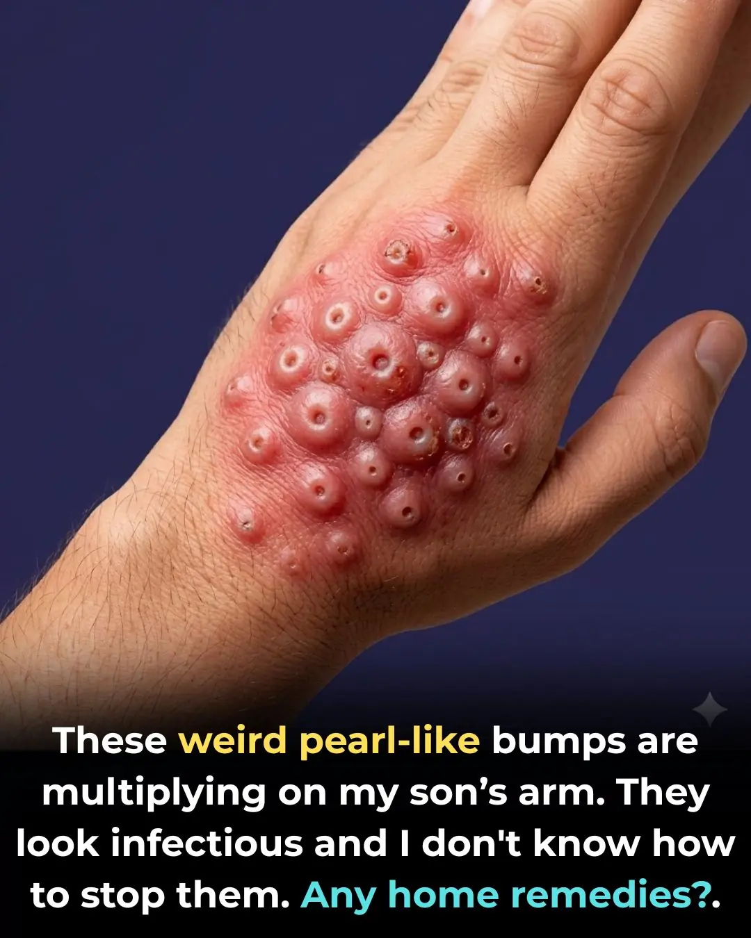 These weird pearl-like bumps are multiplying on my son’s arm. They look infectious and I don't know how to stop them. Any home remedies?