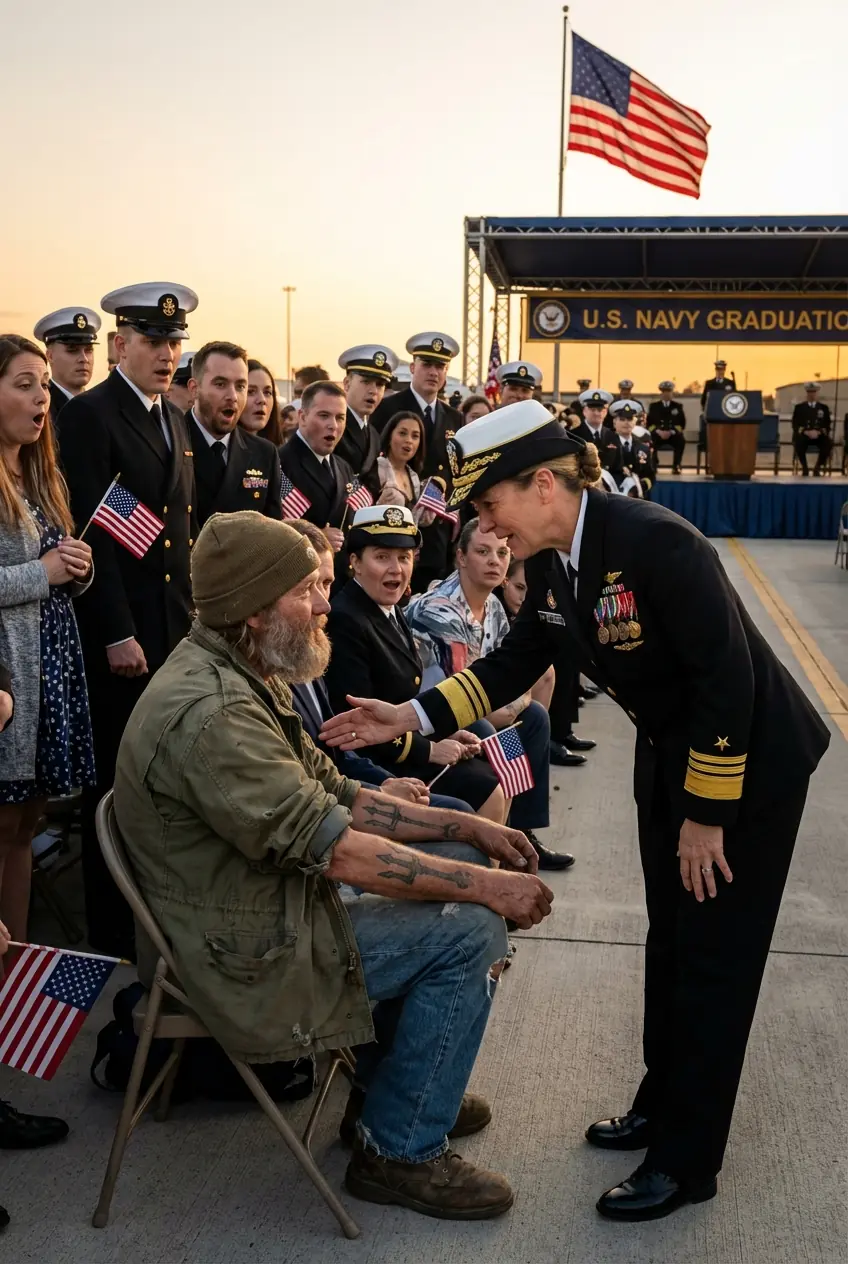 A homeless veteran arrived quietly to see his son graduate, but when a Navy admiral noticed the tattoo on his arm, everything stopped as the ceremony froze and an unbelievable revelation changed the moment completely for everyone there that day.