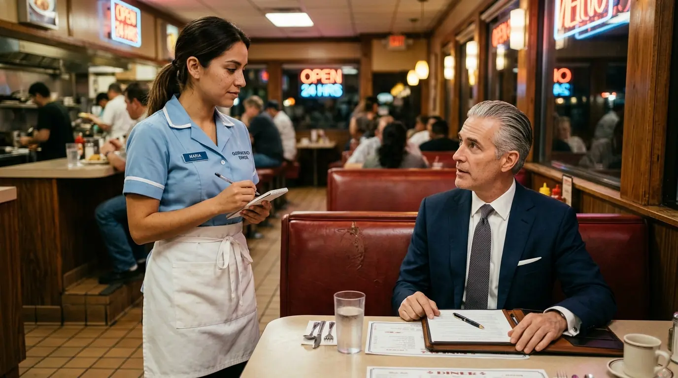 A Waitress Helped an Old Man Every Day — One Day, 10 Black Cars Pulled Up and His Lawyers Walked In
