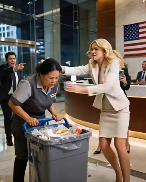 The janitor was humiliated when office staff tossed trash into her cart, laughing loudly