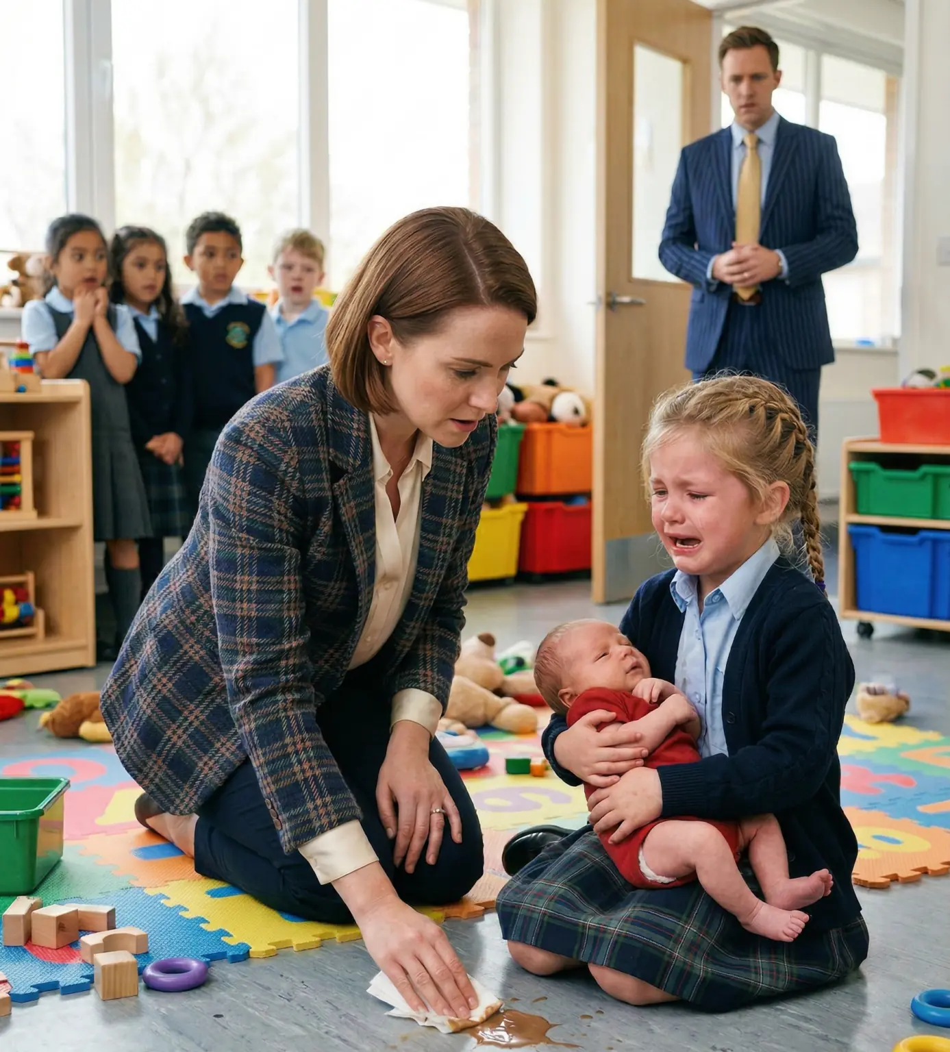 Millionaire Father Arrives to Give a Speech—But Freezes When He Sees His 10-Year-Old Daughter Crying While Holding Her Baby Brother