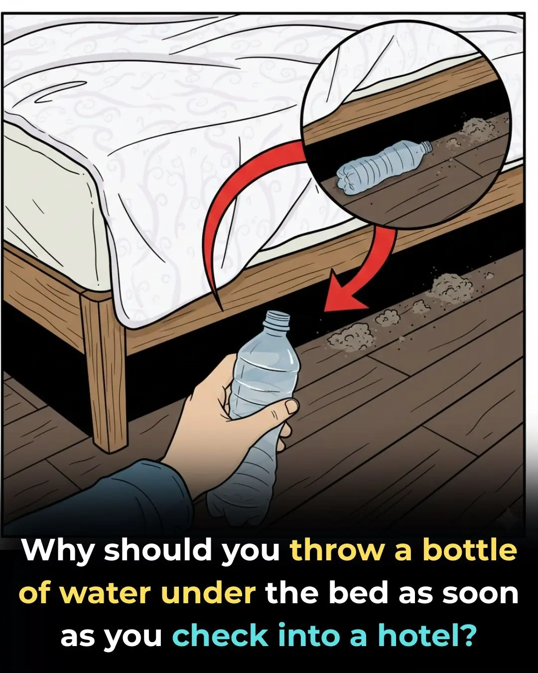 Why should you throw a bottle of water under the bed as soon as you check into a hotel?