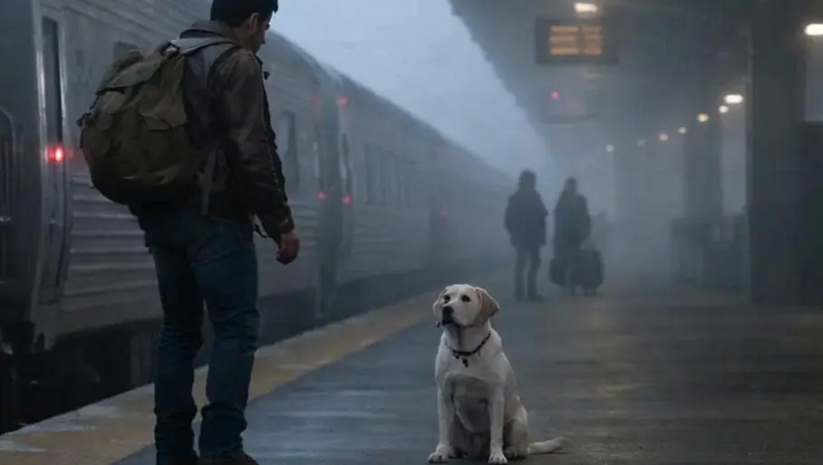 James stepped off the train onto the cold platform of a winter station, where his dog, whom he had lost years before, was waiting for him.