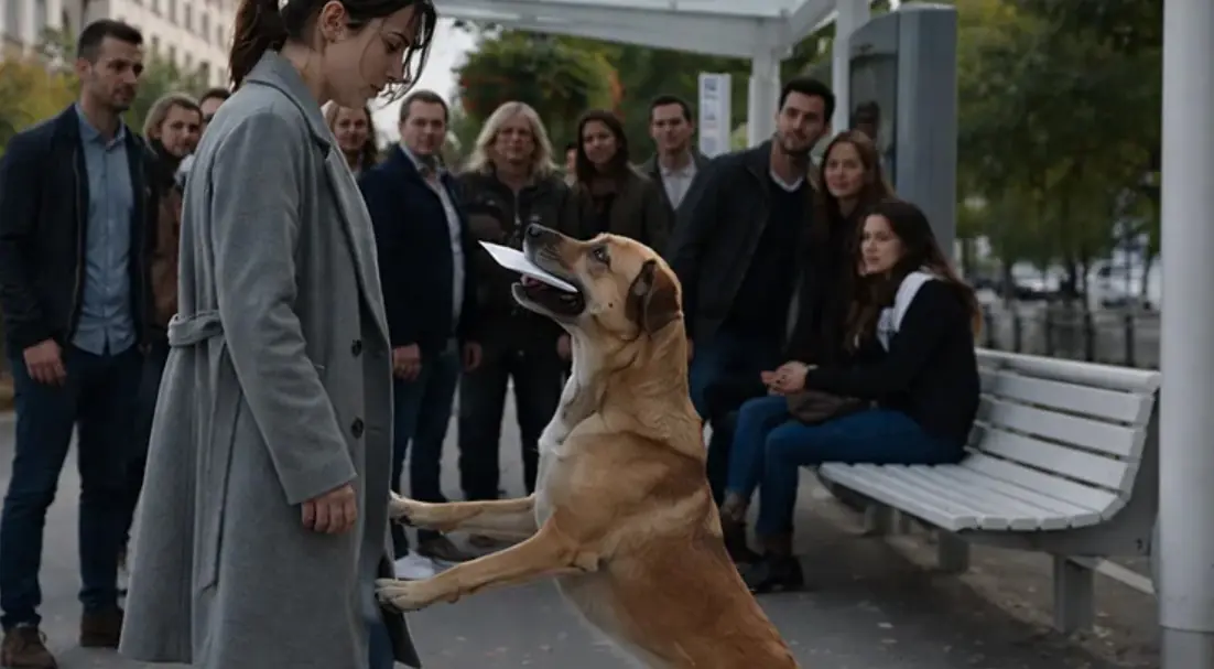 At the tram stop, an unfamiliar dog climbed onto a young woman's lap and, delicately holding a white envelope in its mouth, carefully handed it to her.
