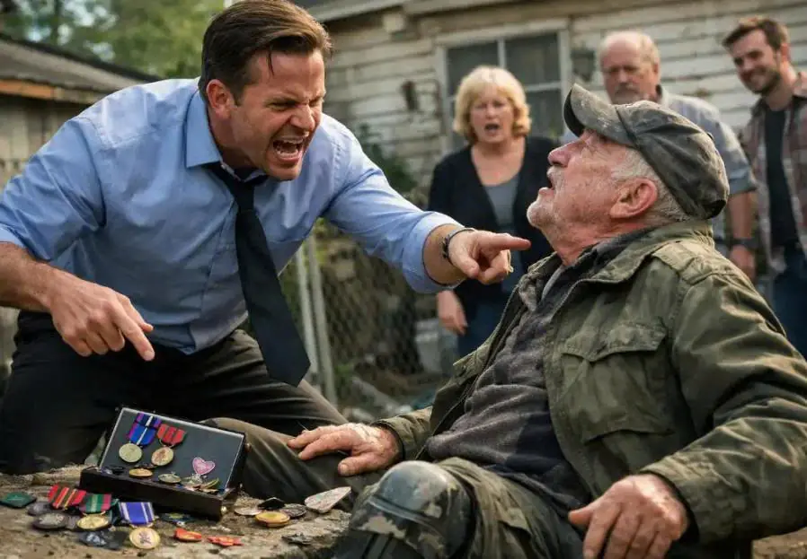 A “BROKE” Old Veteran Was PUBLICLY SHAMED in His Own Yard — Seconds Later, Everyone Froze