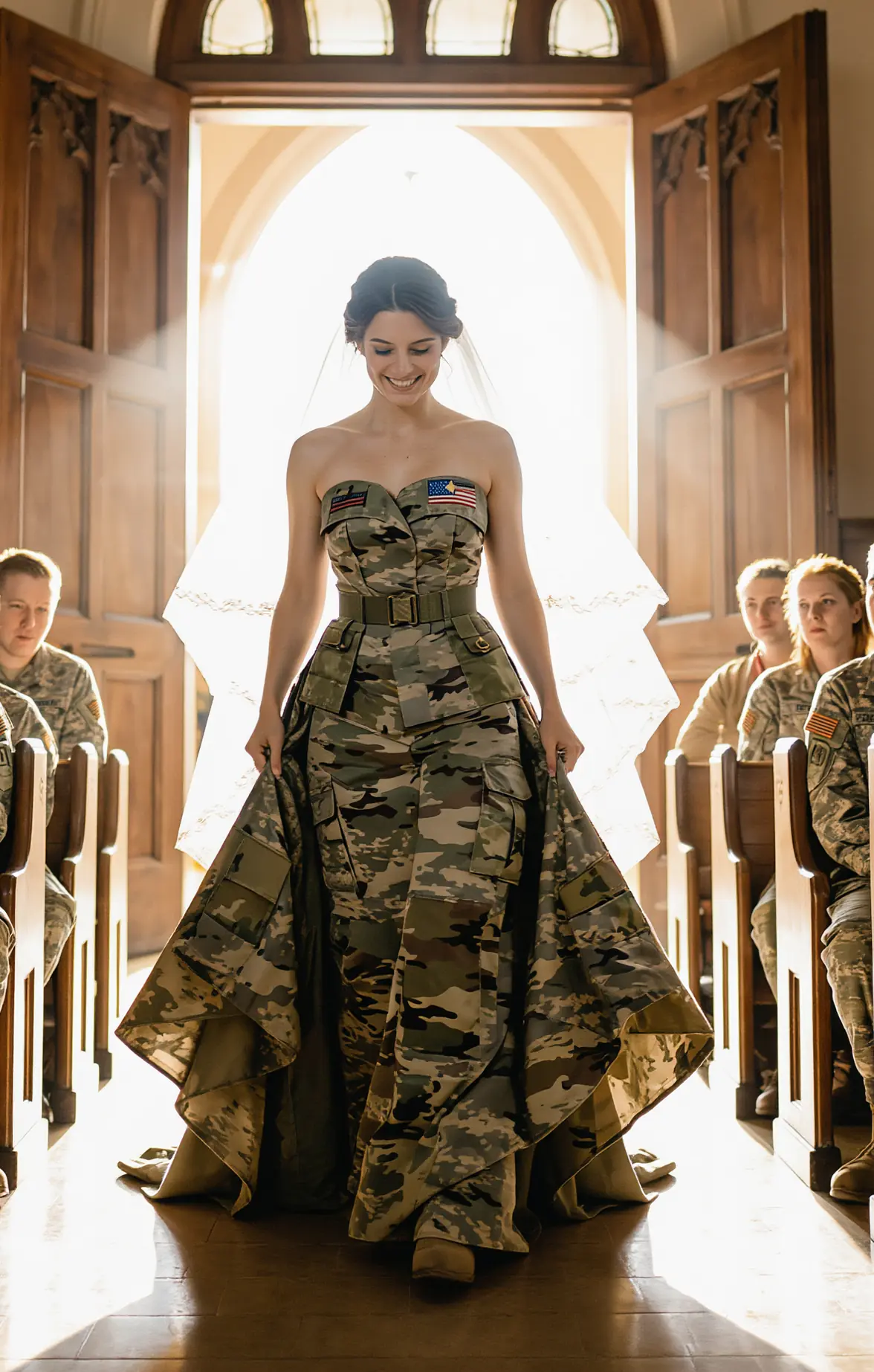 My Fiancée Walked Out in a Wedding Dress Made from Army Shirts—Her Next Words Left the Entire Church in Tears