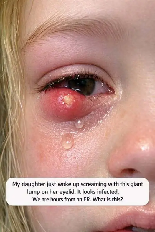 My daughter just woke up screaming with this giant lump on her eyelid. It looks infected. We are hours from an ER. What is this?