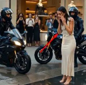PART 2: The woman stood in the afternoon sun outside the luxury shops, elegant dress spotless, shopping bag in hand, when the roar of motorcycles tore down the street.