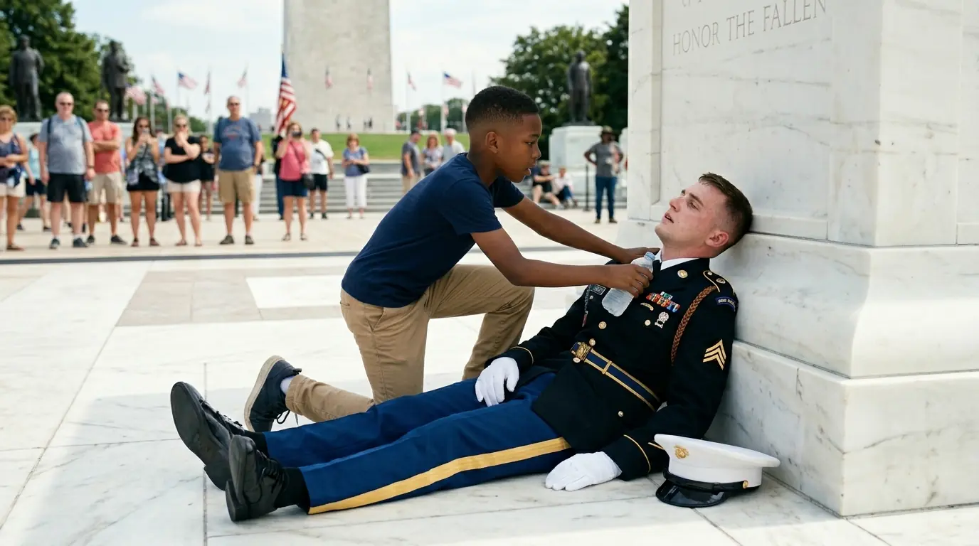 Poor Boy Helped Fallen Tomb Guard In 100F Heat — Next Day, 100 Marines Brought Gift
