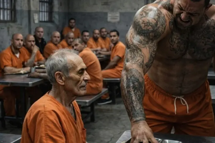 In prison, a dangerous criminal attacked an old man and dumped food on him just because he refused to move: but what happened a minute later left everyone in shock