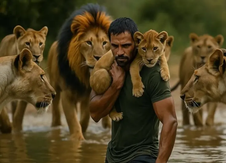 A man rescued a lion cub that was drowning in the river – but just seconds later, he found himself surrounded by an entire pride of lions: He had already said goodbye to life when something completely unexpected happened.