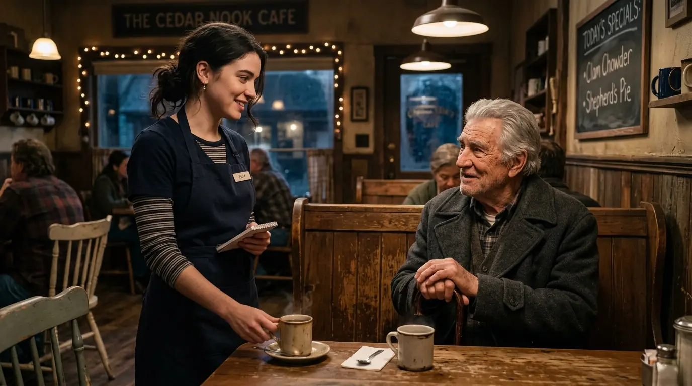 A Young Waitress Paid for an Old Man’s Coffee — Days Later, He Revealed the Truth About Her Father