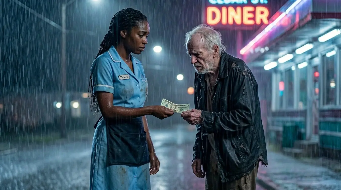 A Waitress Gave Last $20 to "Homeless Man" in Rain — That Night, Helicopter Landed on Her Street