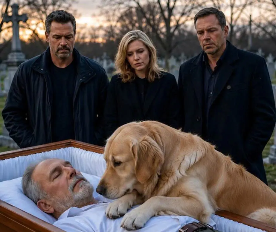 At the funeral of an old hunter, his loyal retriever refused food and water for three days — then suddenly barked furiously at the priest beside the coffin, and moments later the family realized the dog was trying to stop the ceremony for a terrifying r
