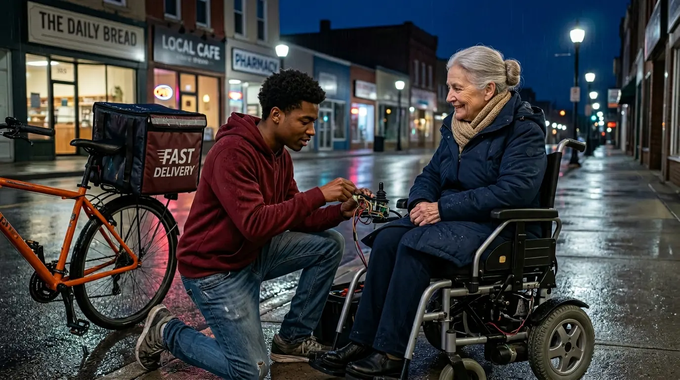 Kind Boy Fixes Wheelchair for an Old Woman — Without Knowing Her True Identity