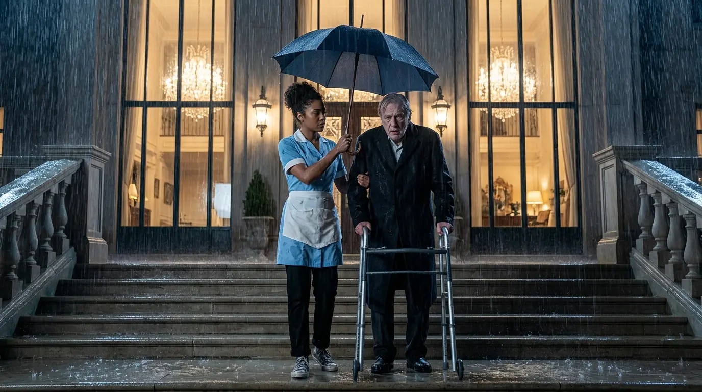 Poor Waitress Walked an Old Man Home in the Rain — He Walked Her Out of Trouble the Next Day